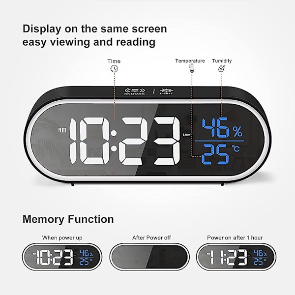 Digitalt vækkeur med stort LED-display til temperatur og fugtighed, acsergery USB