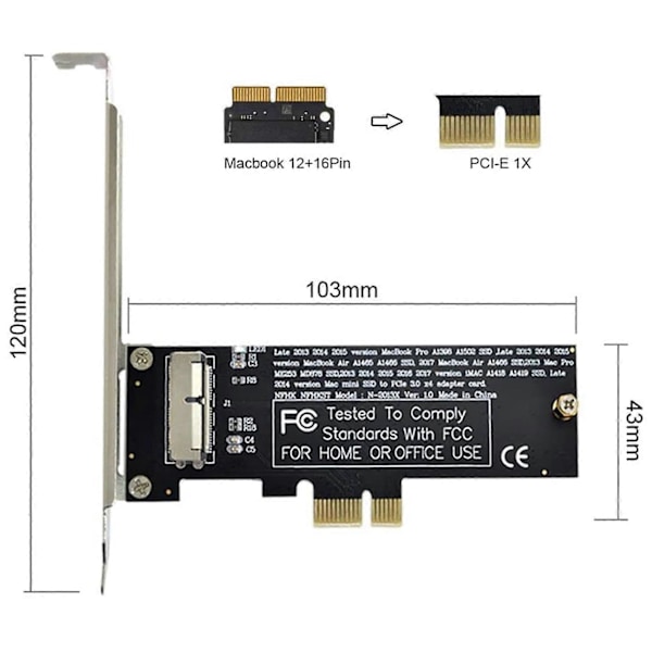 PCI Express Konverteringskort PCI-E 1X till 12+16 Pin för 2013-2017 Mac Pro Air SSD Konverteringskort