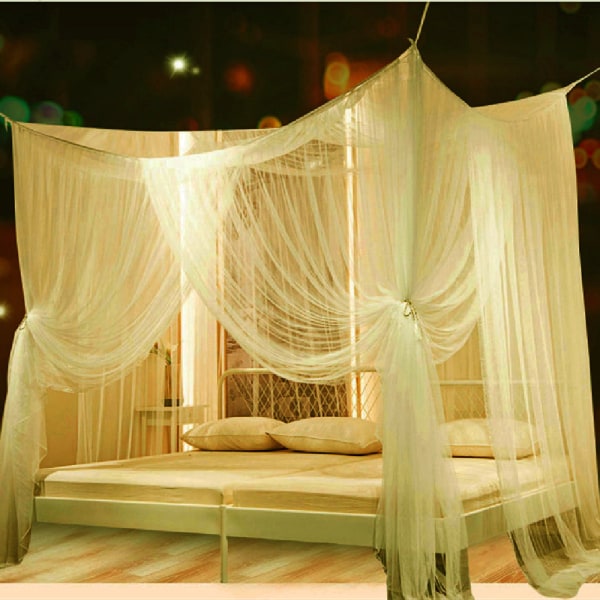 Fyrkantig säng myggnät, 210 x 190 x 240 cm fyra dörrar, passar enkel- och dubbelsängar - vit