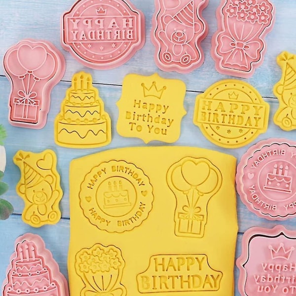 8 stykker Tillykke med fødselsdagen Småkagepresse Småkageforme til bagning Småkageforme Presse Fødselsdags Småkageforme Sæt Køkkenværktøj Plast (fødselsdag)