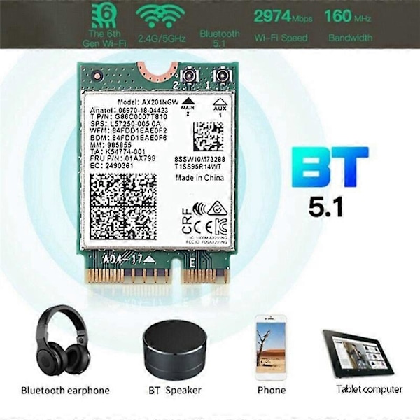 AX201 AX201NGW WiFi-kort med 2XAntenn M.2 CNVio2 2,4 Ghz/5Ghz WiFi 6 3000Mbps Bluetooth 5.1 WiFi A