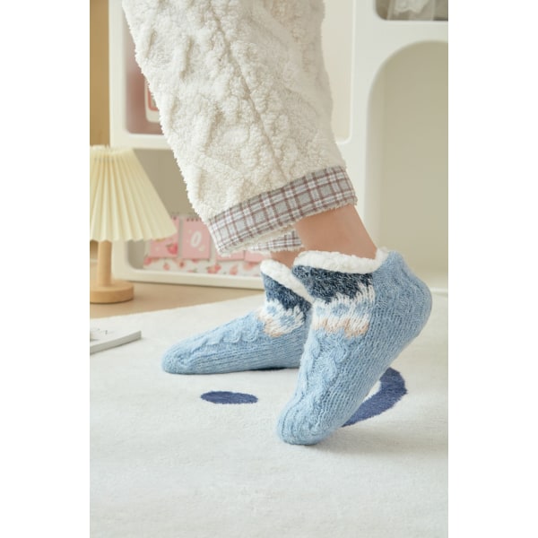 Søte sokker kvinners fluffy hjemmesokker varme sokker sklisikre tøfler tykke sokker vinterhyttesokker blue