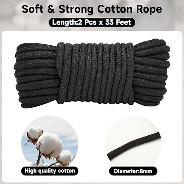 Mjuk Bomullsrep 8MM Tjockt Svart Bomullsrep 2-pack 33 Ft/10M Bomullssnöre för