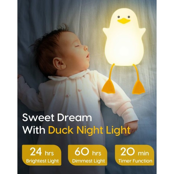 Söt Duck Night Light för barn, Nursery Night Light, Amnings- och sömnhjälp för barn, ögonvänlig nattlampa, med peksensor