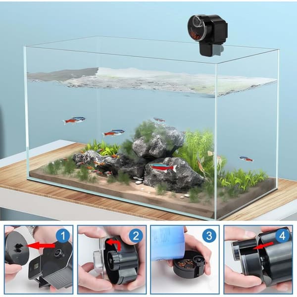 Automatisk fiskefoderdispenser: 60 ml. Automatisk fiskefoderdispenser. Automatisk fiskefoderdispenser til piller og strimler. Til
