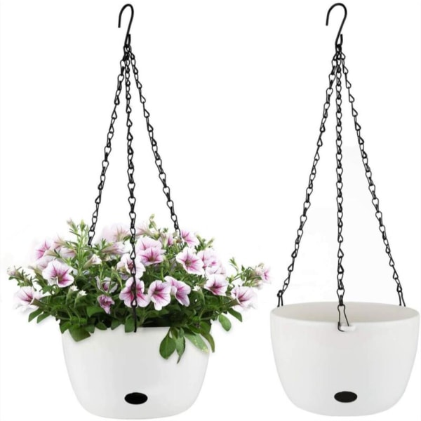 2 pakke selvvanning hengende plastkurver 20 cm hvite, hengende blomsterpotter med vannlagring for innendørs og utendørs bruk