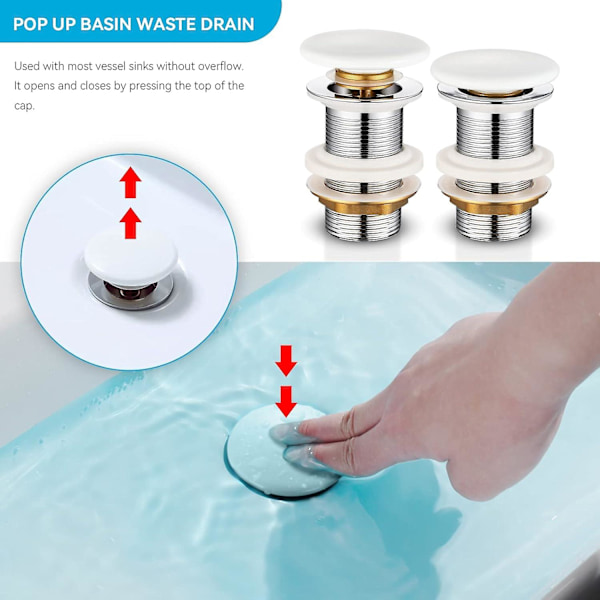 Handfattsavlopp Utan Överlopp, Pop-up Avlopp för Handfat Handfattsavlopp med Keramiskt Lock Vit Avloppsplugg Mässing Handfatsplugg