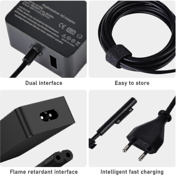 2024 Surface Pro-oplader, 65w 15v 4a Microsoft Surface-oplader til Surface Laptop 4/3/2/1, Surface Book1/2, Surface Pro 3/4/5/6/7/8/9/x, Surface Go Wi