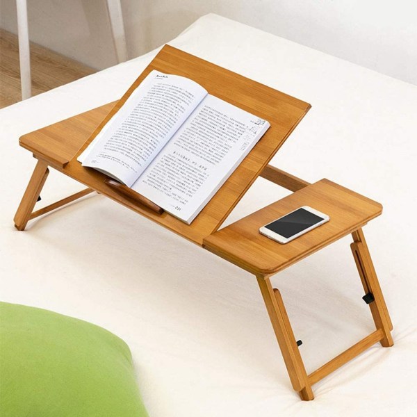 Sängbord-surfplatta, sängbord för laptop, läslampa i bambu
