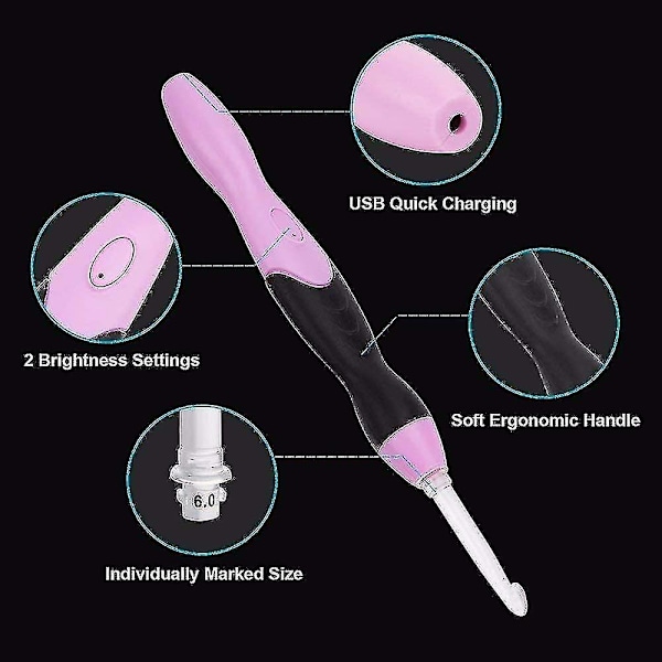 Lyste Heklekroksett - 9 Størrelser Utbyttbare Hoder 2,5 mm Til 6,5 mm Med Ergonomiske Grep, Oppladbare Lyste Heklekroker Komplett Sett Fo