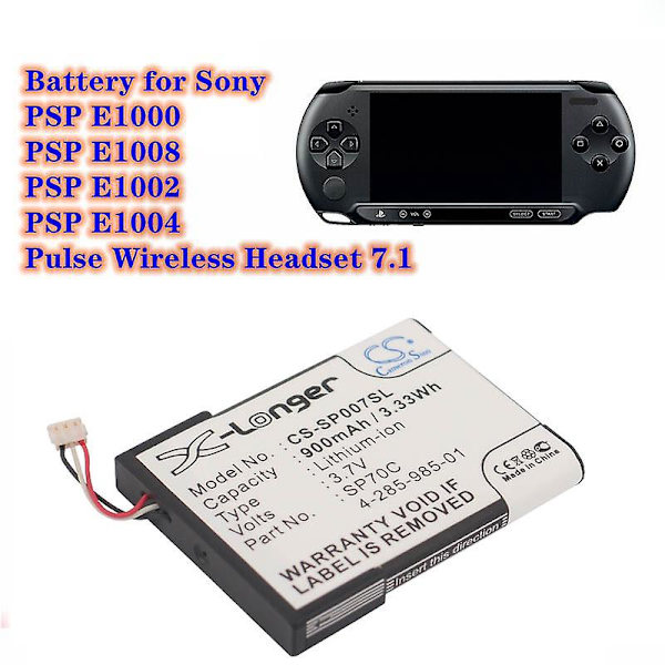 4-285-985-01 SP70C 900mAh Spilkonsoll Batteri Til Sony PSP E1000 E1008 E1002 E1004 Pulse Trådløst Headset 7.1 Cameron Sino