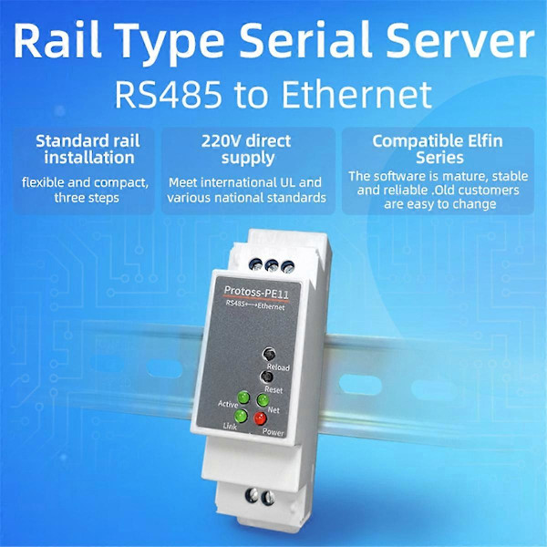 DIN-skena Seriell Port RS485 till Ethernet Konverter Server Protoss MQTT PE11-H Stöd Modbus TCP RTU