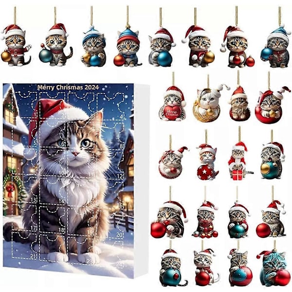 Julekalender 2024 Jul 24 Dage Nedtælling 2D Akryl Vedhæng Søde Kat Ornamenter Blind Box Overraskelsesgave