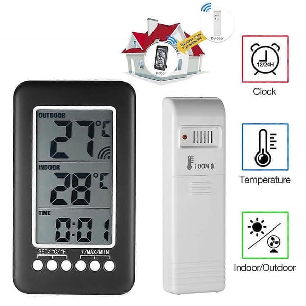 LCD Digital Trådløst Innendørs/Utendørs Termometer Klokke Temperaturmåler