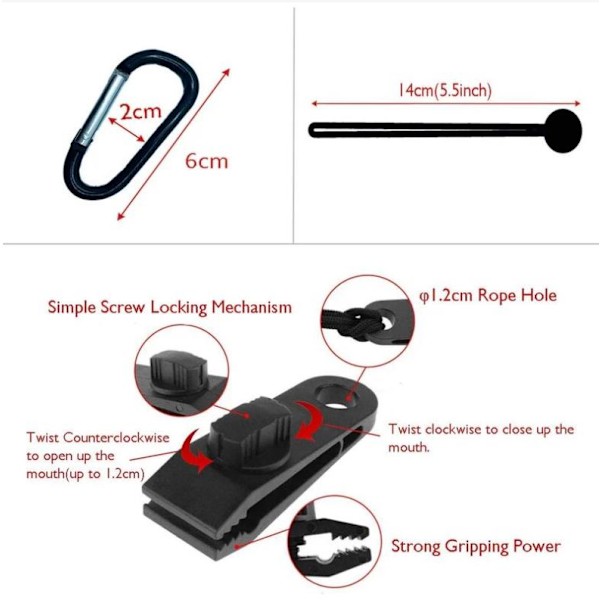10-pack presenningklämmor, presenninghållare för utomhusbruk med bungee-sladd + D-formad karbinhake,
