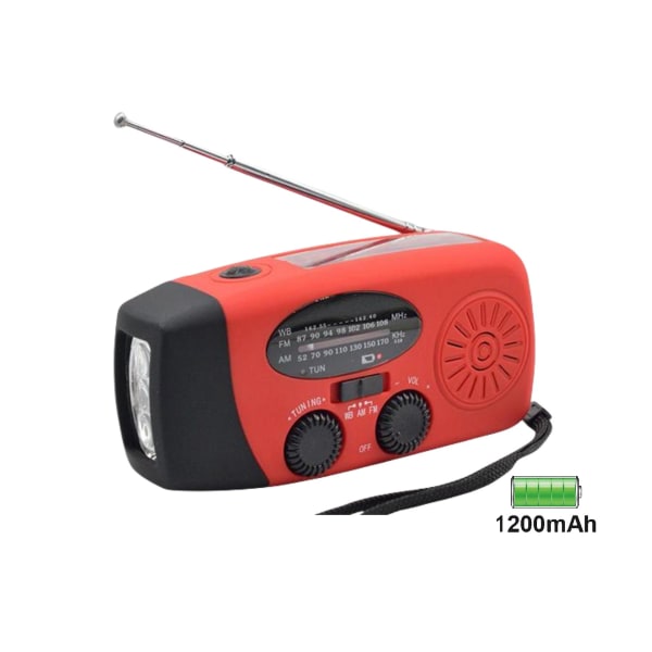 Nødradio/sveiveradio med solcelle, lommelykt og powerbank, nødradio multifunksjon, egnet for utendørsbruk