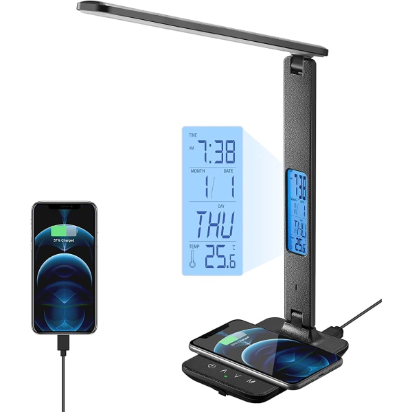 LED-bordslampa med trådlös USB laddningsport med väckarklocka datumtemperatur kontorsbordslampa svart