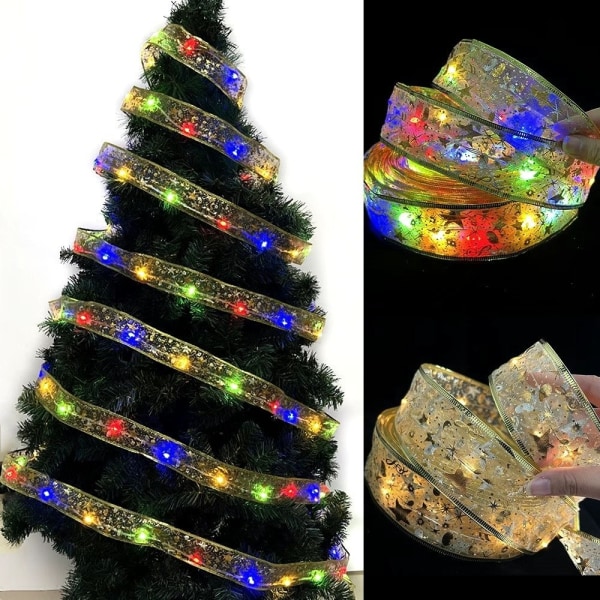 Julgransdekoration: 1 LED-lysande julgransbälte - 3,8 cm - guldband (färgat ljus) längd: 1 m 10 lampor