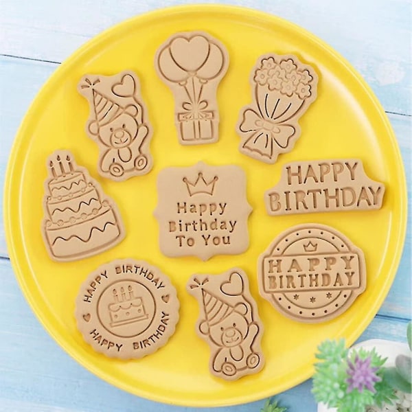 8 stykker Tillykke med fødselsdagen Småkagepresse Småkageforme til bagning Småkageforme Presse Fødselsdags Småkageforme Sæt Køkkenværktøj Plast (fødselsdag)