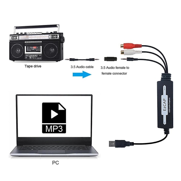 USB 3.5mm O Capture Grabber Edit O Kaapeli digitaaliseen tallennusta varten CD/mp3 muuntaa