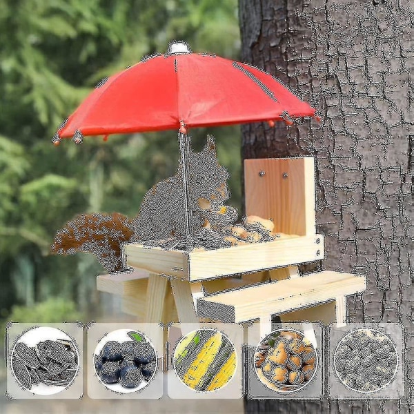 Oravanruokinta-asema säänkestävä oravapöytä puinen oravanruokinta-asema sateenvarjolla [adva