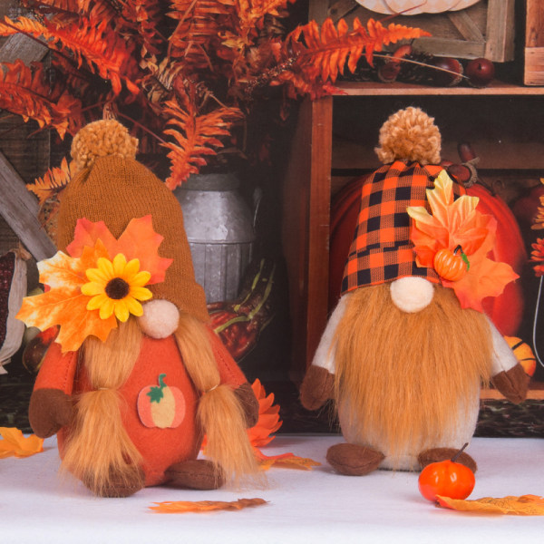 Tvådelad hösttomte Dekorativ tomte-plyschleksak, Thanksgiving-gnome-dekor Lönn, pumpa och kalkon för inredning med skördefesttema i köket