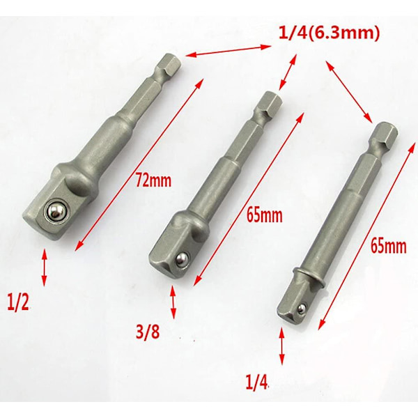 Firkantdriver Hex Power Borebit 1/4 3/8 1/2-tommer 3 stk. Power Bore til Stikadapter Ekstra Lang Adapter