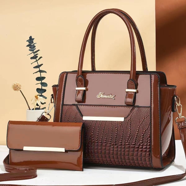 Snygg handväska set med krokodilmönster, axelväska i PU-läder och myntväska, set om 2 brown