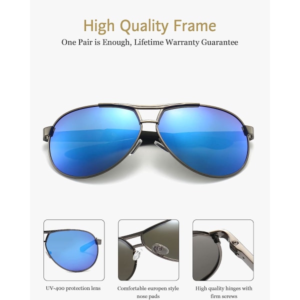 Classic Aviator polariserte solbriller for menn Bajonetttempler med speilglass (blå)
