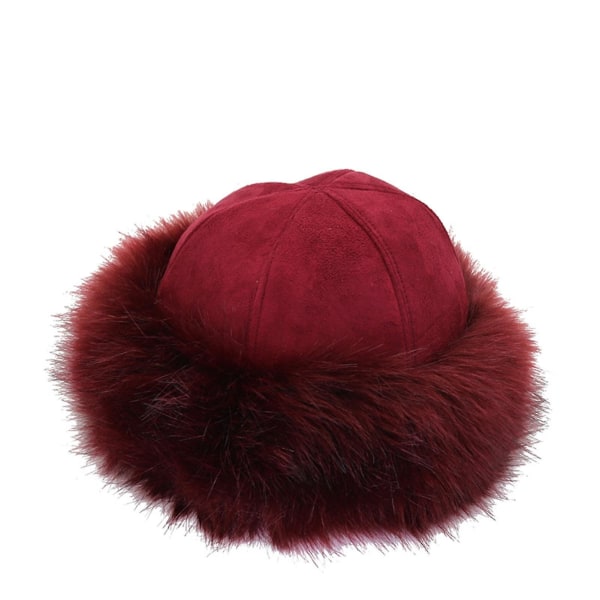 Kvinders Vinter Mongolsk Faux Fur Ruskind Puffy Beanie Snow Hat Burgundy Wine Red