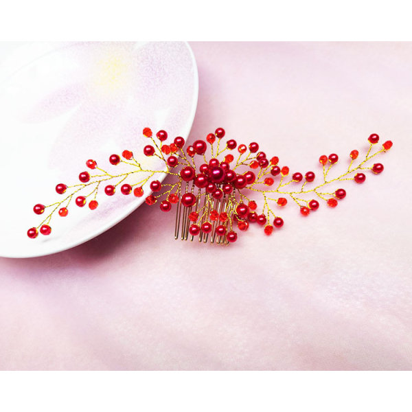 Bridal Head Flower Crystal Pearl Hair Comb - käsintehty naisten pään punainen