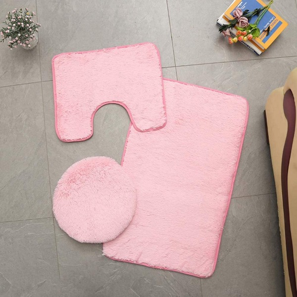 3 delers badematte ensfarget baderomsmatte Sklisikker myk absorberende teppe og toaletttrekk Vaskbar, rosa