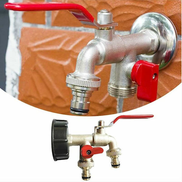 1/2 Dobbelt Havehane, 1000L Vandtankhane IBC Tankadapter Regnvandopsamlingshane, PP Messing Dobbelthane Messingdyse