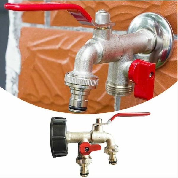 1/2 Dubbel Trädgårdskran, 1000L Vattentank Kran IBC Tank Adapter Regnvattenuppsamlingskran, PP Mässing Dubbel Kran Mässing Munstycke