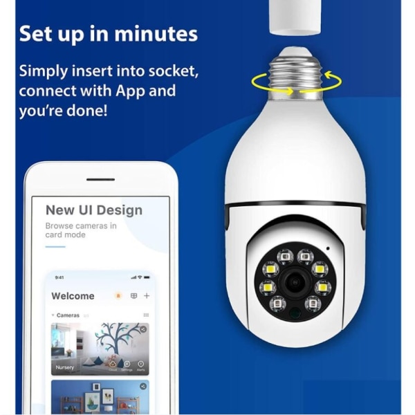 Utomhus WiFi glödlampskamera, 1080P smart säkerhetskamera, 360 graders trådlös glödlampskamera