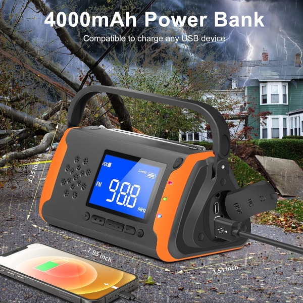 Solar Radio Emergency Hand Crank AM FM-radio med lys lommelykt, SOS Alert, AUX Music Player orange