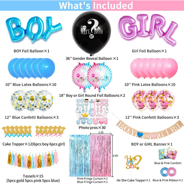 Gender Reveal Juhlatarvikkeet 105 kpl Baby Gender Reveal -koristeita setti 36 tuuman Gender Reveal -ilmapallolla, P