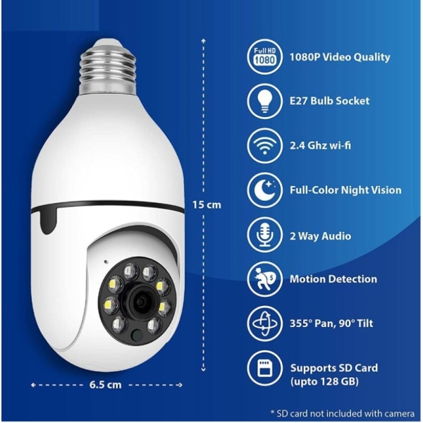 Ulkokäyttöön tarkoitettu WiFi-lamppukamera, 1080P älykäs turvakamera, 360 asteen langaton hehkulamppukamera