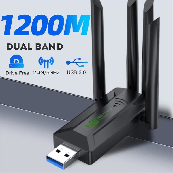 1200 Mbps Dual Band USB Wifi Adapter 2,4 GHz 5 GHz WiFi med 4 Antenner PC Mini Datamaskin 600 Mbps Nettverkskort mottaker