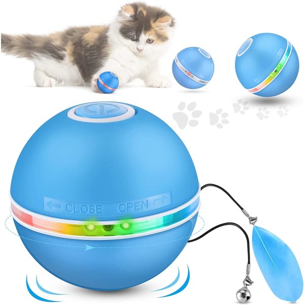 Kattelegetøjsbold med LED-lys, 360 graders automatisk rotation, USB genopladelig, blå
