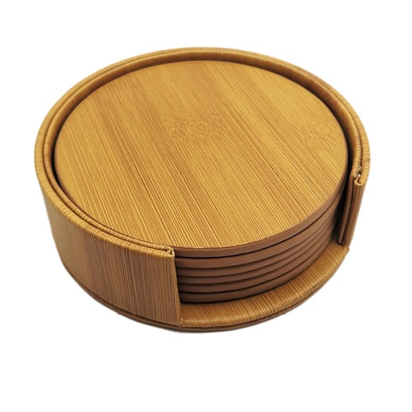 Round PU Leather Coasters with Holder, 6 pack Brown