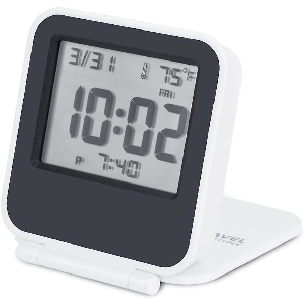 Små digitale reisevekkerklokker, batteridrevet mini reiseklokke med bakgrunnsbelysning, bærbar sammenleggbar minilomme-kalendertemperaturklokke (hvit)