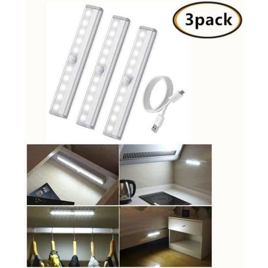 3 stk. bevægelsessensorlampe - USB genopladelig - 10 LED - Hvid