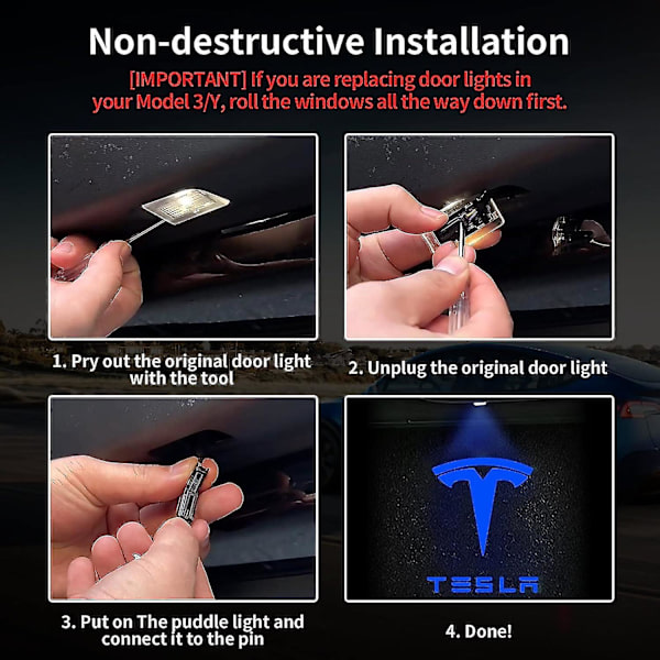 Tesla-oven logiprojektori, erittäin kirkkaat Tesla-lätäkkövalot työkalulla, ei koskaan haalistuvat HD-tervetuliaisvalot, Plug & Play (4 pakkausta/sininen