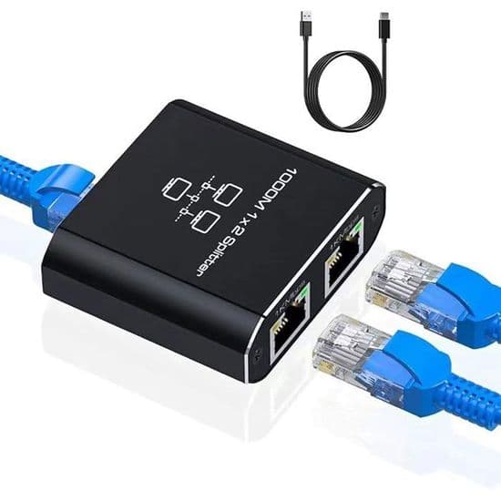 Ethernet-switch 2 porte RJ45-splitter 1000 Mbps - Aluminium - Plug & Play - Kompatibel Cat5e til Cat8