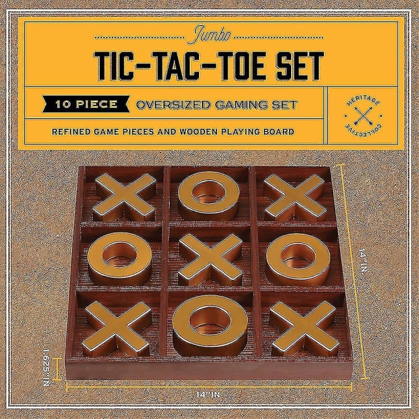 Massivt trä Tic-tac-toe brädspel - 10 delar Premium Giant Gold 14 tum - Utomhus/inomhus Party Set Leksak för barn/vuxna - Bakgårdsunderhållning