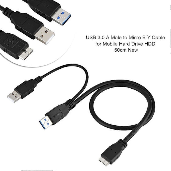 USB 3.0 A -urosliitin Micro B -urosliittimeen   Urosliitin Virtalähde Y -kaapeli kannettavalle kiintolevylle HDD 50cm