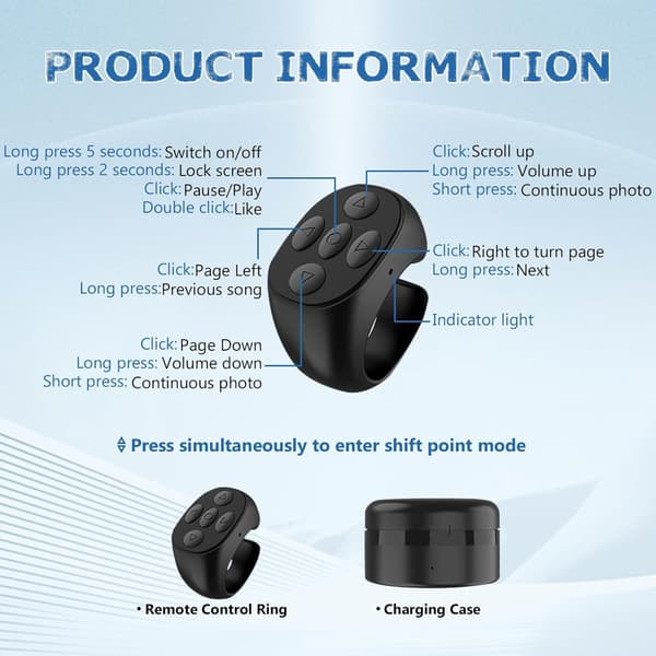 Multifunctional Remote Control, Wireless Bluetooth Ring, Video and Camera Remote Shutter, for Smartphone and Tablet (White)