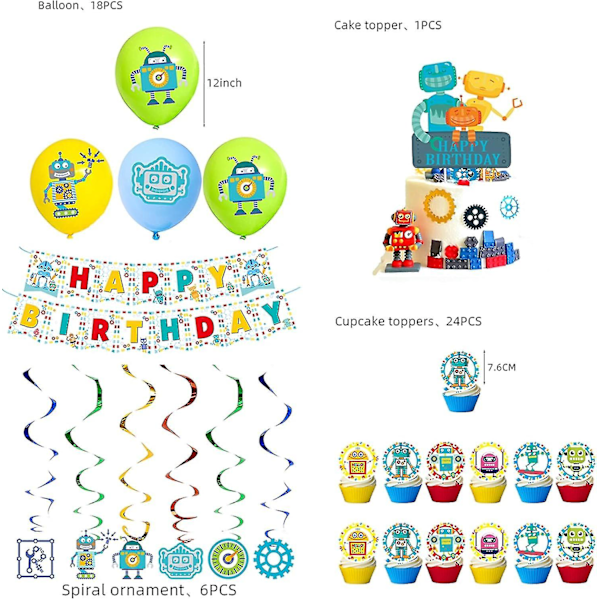 50 st Robotfestartiklar Set-inklusive Happy Birthday Banner, tårta Topper och Cupcake Toppers, spiralprydnader, latexballonger för barn