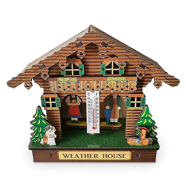 Weather House, Forest Weather House With Man And Woman, Wood Chalet Barometer Thermometer And Hygro